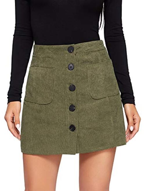 WDIRARA Women's Casual Button Front Mid Waist Above Knee Short Corduroy Skirt