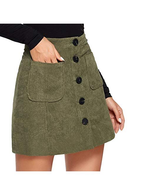 WDIRARA Women's Casual Button Front Mid Waist Above Knee Short Corduroy Skirt