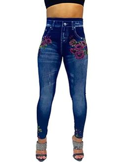 CLOYA Women's Denim Print Fake Jeans Seamless Full Length Leggings