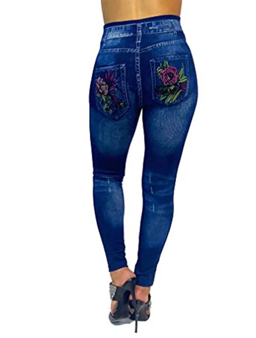 CLOYA Women's Denim Print Fake Jeans Seamless Full Length Leggings