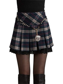 Women's A-Line Plaid Wool Blend Pleated Skirt Side Zipper