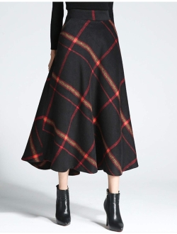 Tanming Women's Winter Warm Elastic Waist Wool Plaid A-Line Pleated Long Skirt