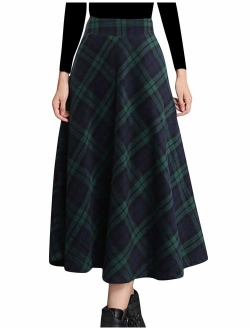 Tanming Women's Winter Warm Elastic Waist Wool Plaid A-Line Pleated Long Skirt