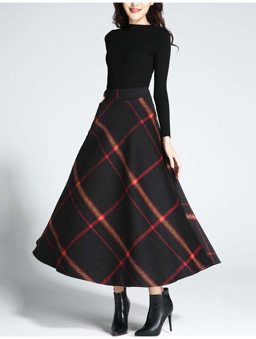 Tanming Women's Winter Warm Elastic Waist Wool Plaid A-Line Pleated Long Skirt