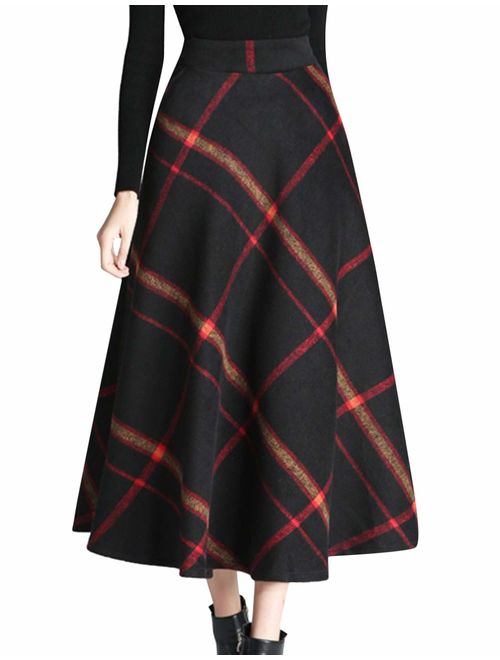Tanming Women's Winter Warm Elastic Waist Wool Plaid A-Line Pleated Long Skirt