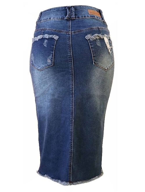 Womens Junior/Plus Size Below Knee Length Midi Pencil Ripped Denim Skirt
