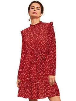 Women's Long Sleeve Ruffle Trim Self Tie Floral Print Short Dress