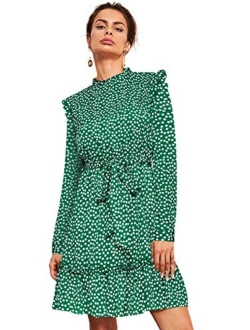 Women's Long Sleeve Ruffle Trim Self Tie Floral Print Short Dress