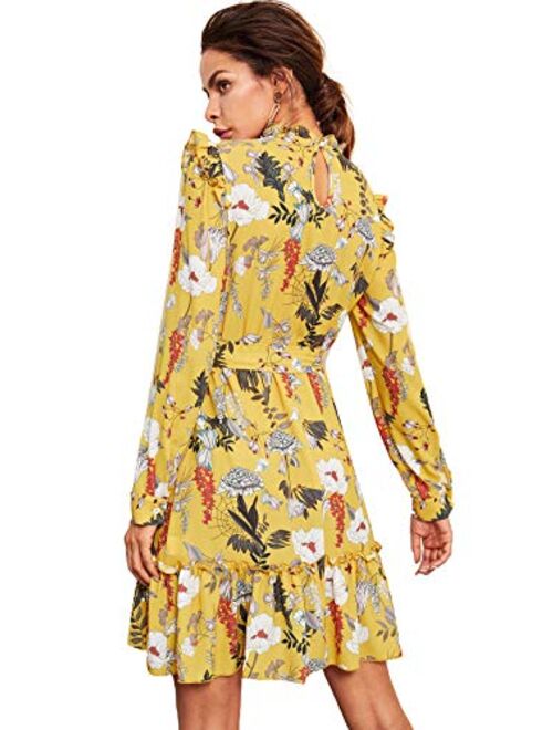 Floerns Women's Long Sleeve Ruffle Trim Self Tie Floral Print Short Dress