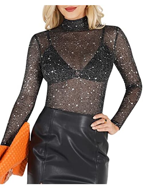 Cold Shoulder Tops for Women Rhinestone Shiny Sequin Blouses Loose Casual Star Sheer Lace Long Sleeve Pullover Top 