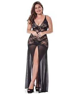 LINGERLOVE Women's Plus Size Lingerie Sexy Split Maxi Long Gown Sheer Dress
