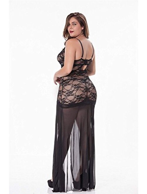 LINGERLOVE Women's Plus Size Lingerie Sexy Split Maxi Long Gown Sheer Dress
