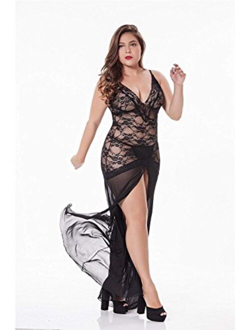 LINGERLOVE Women's Plus Size Lingerie Sexy Split Maxi Long Gown Sheer Dress
