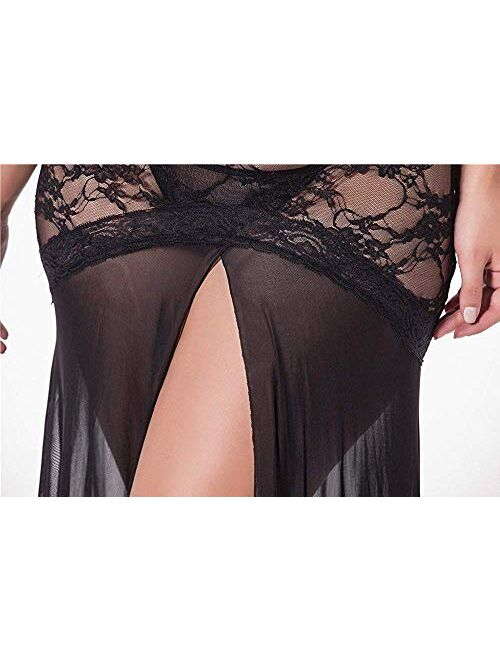 LINGERLOVE Women's Plus Size Lingerie Sexy Split Maxi Long Gown Sheer Dress