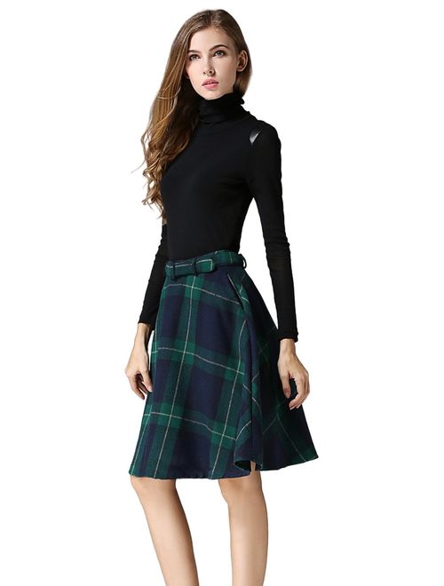 Tanming Women's Casual High Waisted Wool Check Print Plaid A-Line Skirt