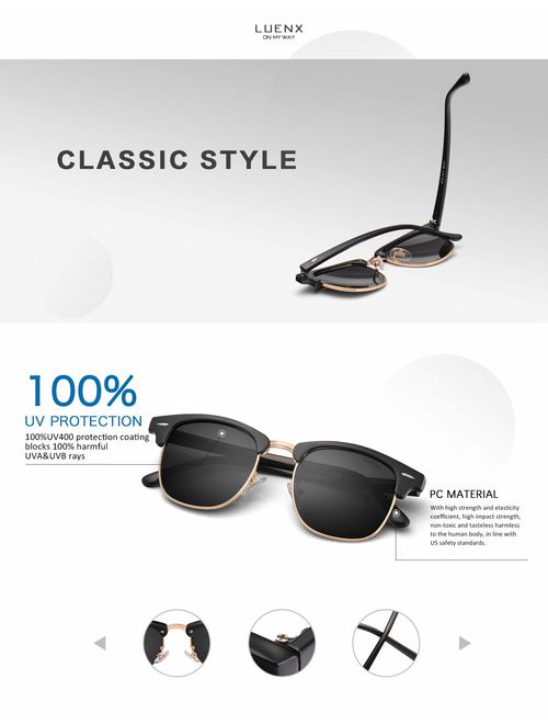 LUENX Men Semi Rimless Polarized Sunglasses Women UV 400 Protection 51MM with Case