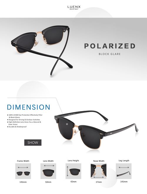 LUENX Men Semi Rimless Polarized Sunglasses Women UV 400 Protection 51MM with Case