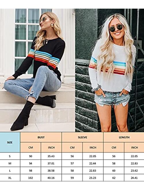 ECOWISH Women's Sweater Rainbow Colorful Striped Sweaters Long Sleeve Crew Neck Color Block Casual Pullover Blouse Tops