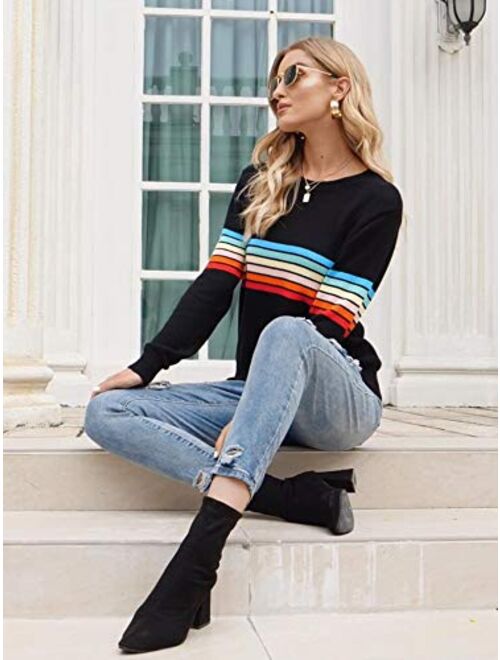 ECOWISH Women's Sweater Rainbow Colorful Striped Sweaters Long Sleeve Crew Neck Color Block Casual Pullover Blouse Tops
