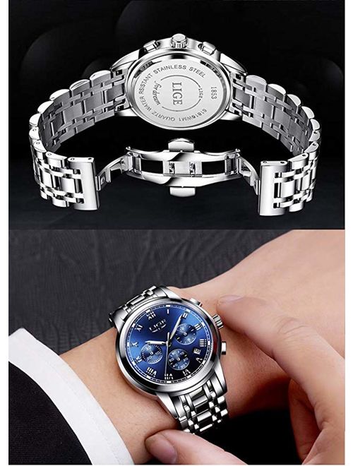 Watch Men Fashion Sport Quartz Clock Mens Full Steel Dress Watches Top Brand LIGE Luxury Business Waterproof Wristwatch Black Casual Clock