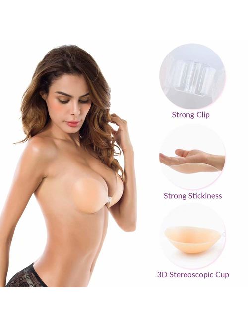 Niidor Adhesive Bra Strapless Sticky Invisible Push up Silicone Bra for Backless Dress with Nipple Covers