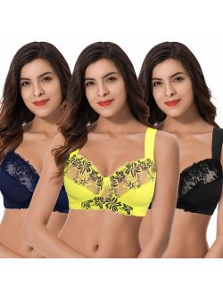 Curve Muse Plus Size Minimizer Unlined Wirefree Bra with Lace Embroidery-3Pack