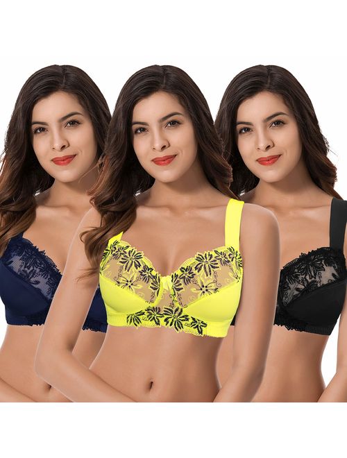 Curve Muse Plus Size Minimizer Unlined Wirefree Bra with Lace Embroidery-3Pack