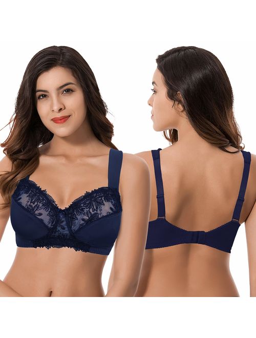 Curve Muse Plus Size Minimizer Unlined Wirefree Bra with Lace Embroidery-3Pack