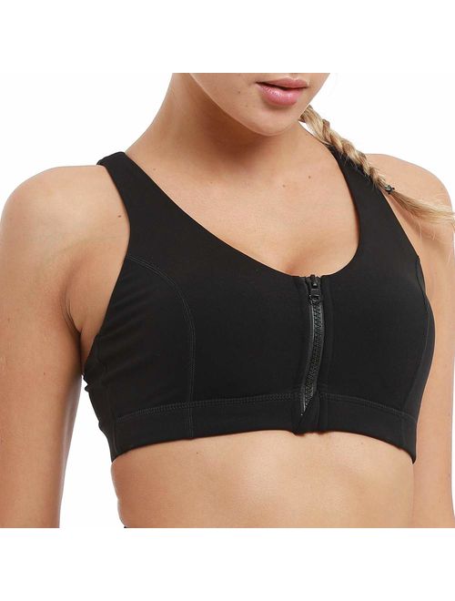 Hopgo Women's Zip Front Sports Bra Medium Impact Strappy Racer Back Workout Bra Padded Bra Top