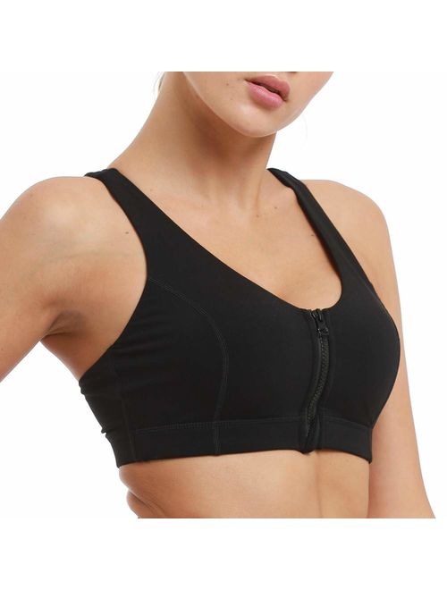 Hopgo Women's Zip Front Sports Bra Medium Impact Strappy Racer Back Workout Bra Padded Bra Top