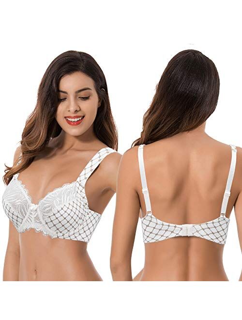 Curve Muse Plus Size Unlined Underwire Lace Bra with Padded Shoulder Straps-2PK