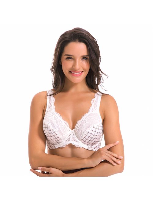 Women's Minimizer Unline Underwire Full Figure Bra with Embroidery Lace-2 Pack