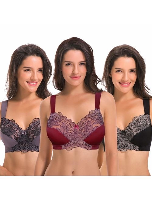 Curve Muse Plus Size Unlined Minimizer Wire Free Bra with Embroidery Lace-3Pack