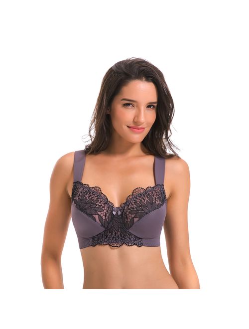 Curve Muse Plus Size Unlined Minimizer Wire Free Bra with Embroidery Lace-3Pack
