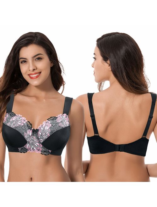 Curve Muse Womens Plus Size Minimizer Wirefree Unlined Bra with Embroidery Lace