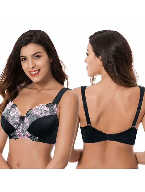 Curve Muse Womens Plus Size Minimizer Wirefree Unlined Bra with Embroidery Lace