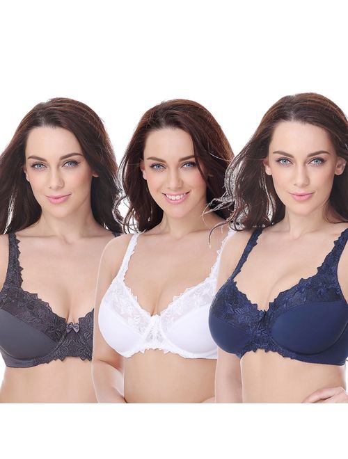 Curve Muse Plus Size Minimizer Underwire Unlined Bra with Embroidery Lace-3Pack