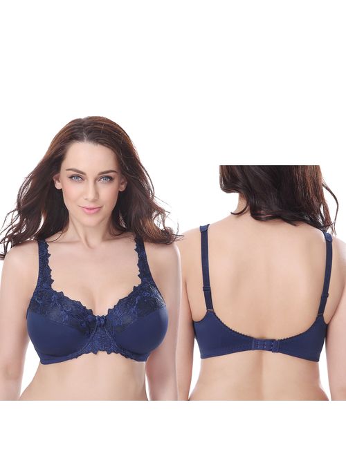 Curve Muse Plus Size Minimizer Underwire Unlined Bra with Embroidery Lace-3Pack