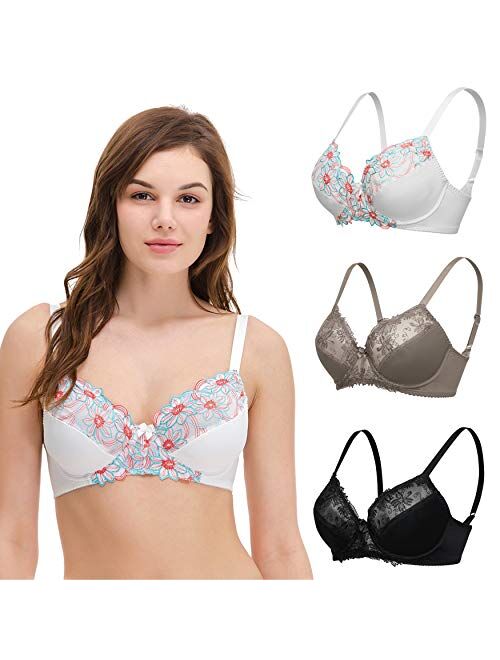 Curve Muse Plus Size Minimizer Underwire Unlined Bras with Embroidery Lace-3Pack