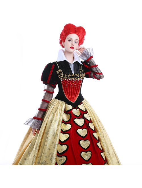 Women Long Dress Red Queen Halloween Party Cosplay Costume Satin Ball Gown Adult