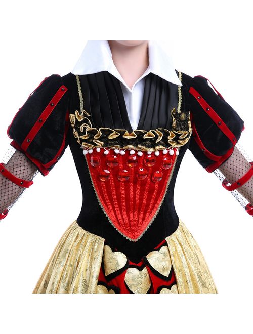 Women Long Dress Red Queen Halloween Party Cosplay Costume Satin Ball Gown Adult