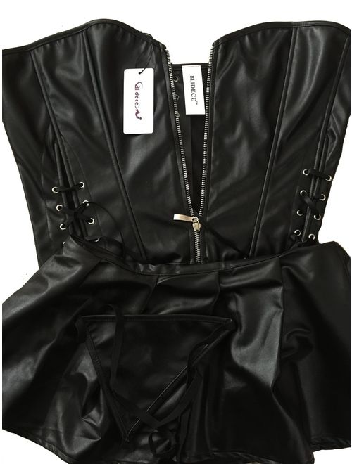 Blidece Women's Punk Rock Faux Leather Steampunk Corset Set Retro Goth Overbust Steel Bustier with Skirt
