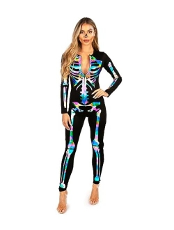 Women's Skeleton Halloween Costume Bodysuit with Back Printing - Sexy Skeleton Costume Jumpsuit Female