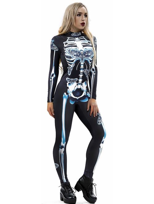 JomeDesign Halloween Costumes for Women 3D Skeleton Cosplay Jumpsuit Bodysuit 