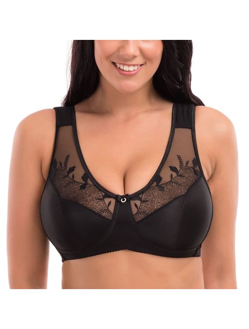 Women's Embroidered Full Coverage Wire Free Soft Cups Minimizer Bra 