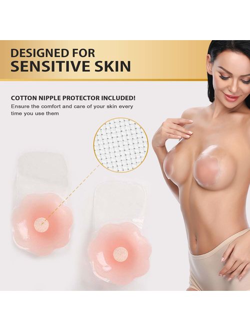 Adhesive Bra, Breast Lift Tape Reusable Push Up Nippleless Covers with Cotton Cover
