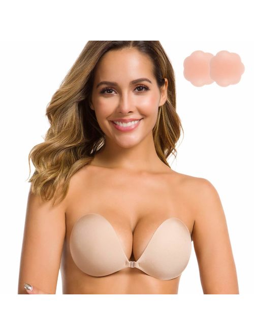 Niidor Adhesive Bra Strapless Sticky Invisible Push up Silicone Bra for Backless Dress with Nipple Covers Nude