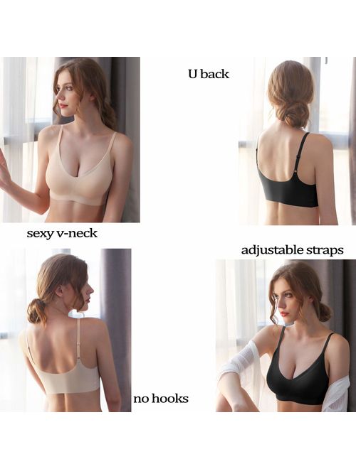 PRETTYWELL Comfortable Bras, Seamless Wire Free Everyday Bras for A to D Cups, V Neck Soft and Light Basic Bras for Women