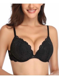 Deyllo Women's Push Up Lace Bra Comfort Padded Underwire Bra Lift Up Add One Cup