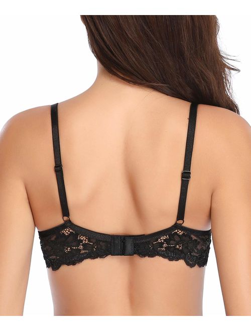 Deyllo Women's Push Up Lace Bra Comfort Padded Underwire Bra Lift Up Add One Cup